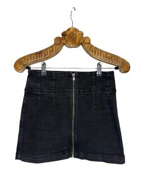 Free People We the Free Black Denim Mini Skirt Front Zip A Line Stretch 30